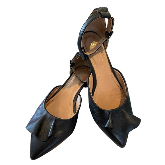 Lewitt Italy Alessia Ruffle Point Toe Ankle Strap Black Leather Flats 35 5 - Picture 6 of 16